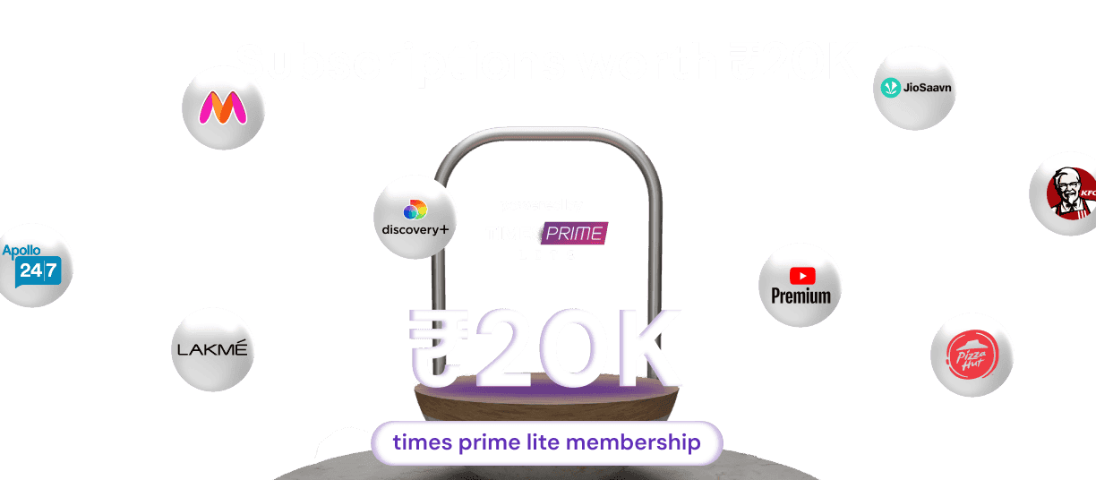 Representation of the coupons worth ₹20,000 earned, shown by a huge text of ₹20,000 placed on a podium with floating bubbles of various subscription brands