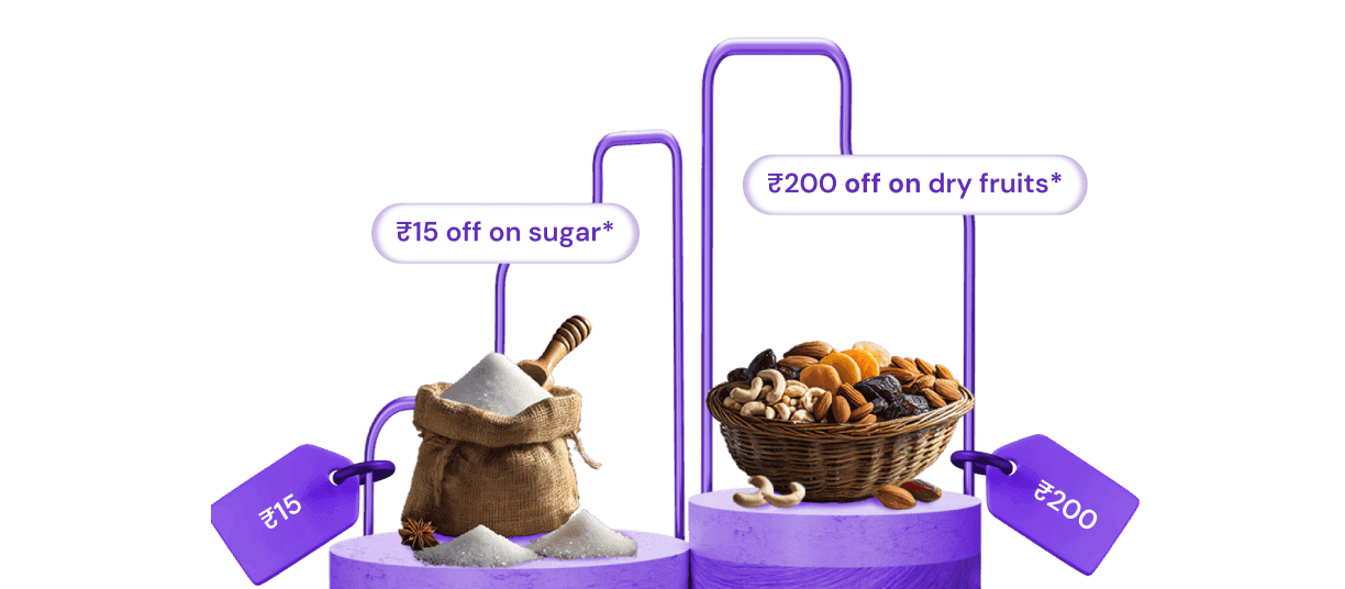 Illustrative depiction of more+'s super exclusive offers showing discount tags on a bag of sugar and a basket of dry fruits.