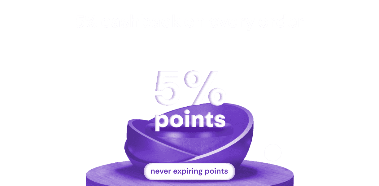 Representation of the 5% cashback earned with a more+ membership, shown by a large text saying 5% points on a podium.